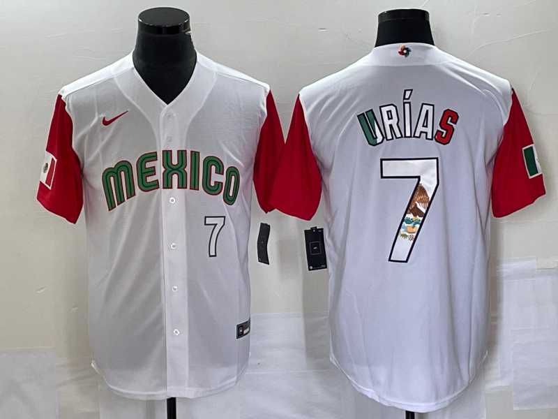 Men%27s Mexico Baseball #7 Julio Urias Number 2023 White Red World Classic Stitched Jersey9->2023 world baseball classic->MLB Jersey